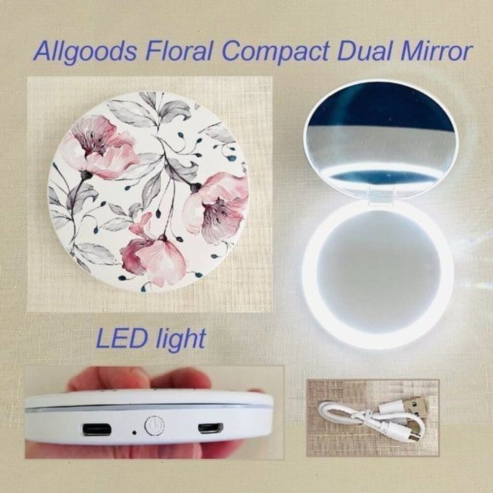 Allgoods Floral Compact Dual Mirror with LED Light Convenient Travel Friendly